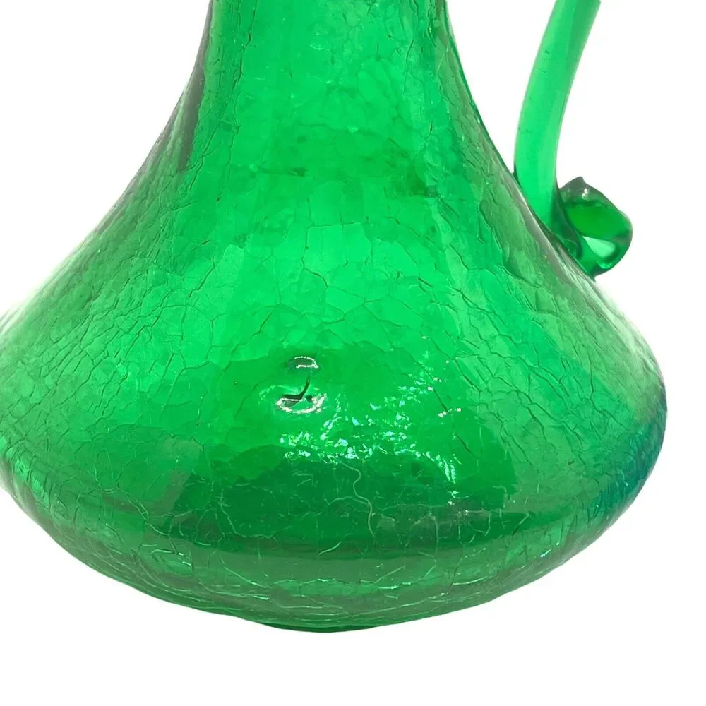 Crackle Glass Vases Pitchers Vintage Blue Green Ruffled Edge Handheld Set Of 2 - Picture 8 of 16